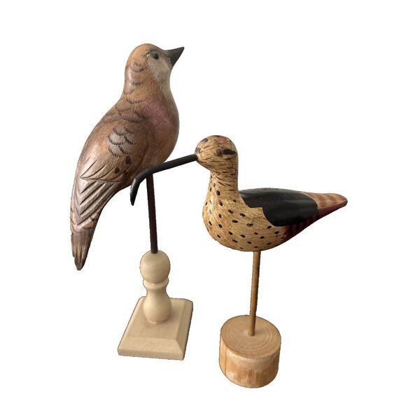Lot Of 2 Vintage Hand Carved & Hand Painted Wooden Birds On Stands-11.5” & 8” - Picture 1 of 9